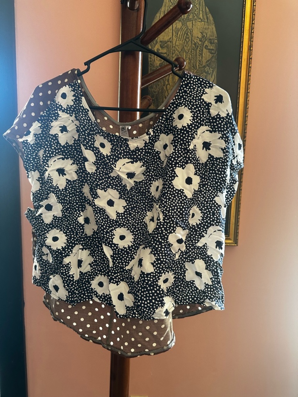 Women's Black Floral Short Sleeve Blouse with White Print